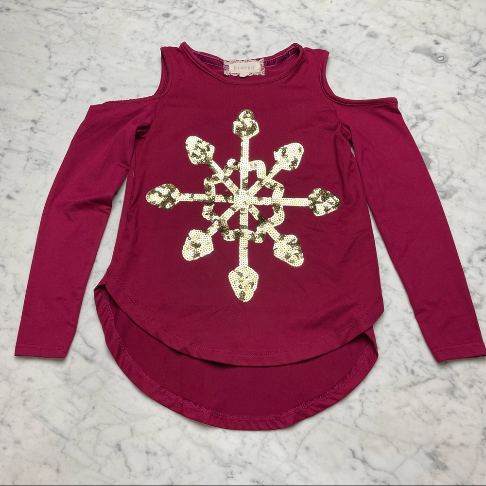 btween Cold Shoulder Gold Sequin Snowflake Long Sleeve Top